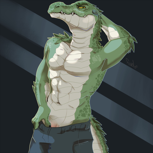 1:1 abs abstract_background alligator alligatorid anthro athletic biceps biped blue_background bottomwear clothed clothing crocodilian digital_media_(artwork) fangs fivel flaccid flexing front_view genitals green_body green_skin grey_body grey_skin hand_behind_head hi_res horn male muscular muscular_anthro no_underwear pants pants_down partially_clothed pecs penis penis_base pinup pose reptile scales scalie seductive simple_background solo standing teeth topless undressing yellow_eyes // 1200x1200 // 623KB