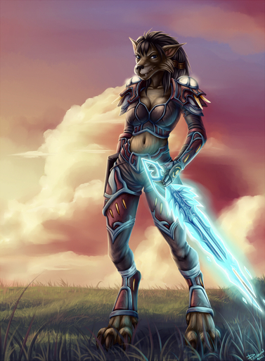 anthro blizzard_entertainment breasts canid claws cleavage clothed clothing cloud english_text female fur grass hair looking_at_viewer magic_user mammal melee_weapon outside personalami plant sky smile solo sunset sword teeth text toe_claws video_games warcraft weapon were werecanid worgen // 809x1100 // 1.1MB