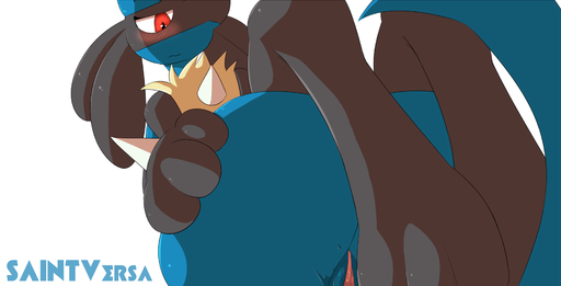 absurd_res anthro blush canid canine female genitals hi_res lucario mammal nintendo pokemon pokemon_(species) pussy saintversa signature simple_background solo video_games white_background // 3268x1667 // 733KB