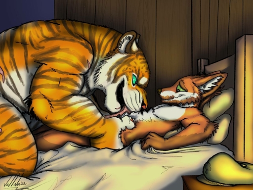 anthro bed canid canine felid foreplay fox furniture grabbing_sheets green_eyes kneeling licking licking_belly looking_at_another lying male malemale mammal muscular on_back pantherine slim stripes tiger tongue tongue_out vellum // 1280x960 // 143.7KB