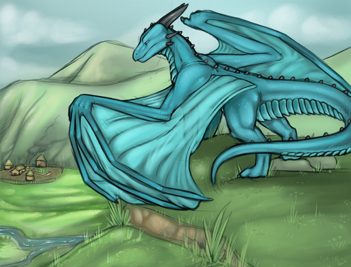 ambiguous_gender blue_eyes conditional_dnp dragon feral grass horn membrane_(anatomy) membranous_wings mith_(mith) mountain outside plant river scalie solo spikes tojo_the_thief western_dragon wings // 1224x930 // 1.2MB