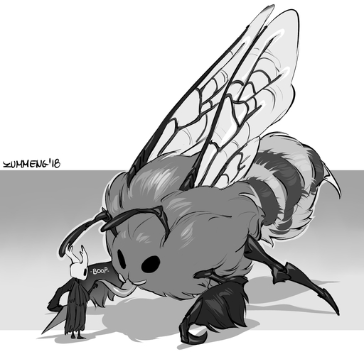2018 ambiguous_gender anthro arthropod bee digital_media_(artwork) duo featureless_feet fecharis feral fur greyscale hymenopteran insect insect_wings monochrome protagonist_(hollow_knight) standing video_games wings zummeng // 1200x1186 // 432.4KB