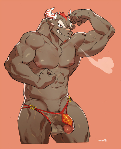 abs bebebebebe bovine clothing flexing grin gyumao half-erect horn male male_only mammal muscular muscular_male pecs penis smile speedo swimsuit tokyo_afterschool_summoners tototoilet translucent // 709x871 // 595.0KB