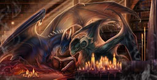 2020 book bookshelf candle claws detailed_background digital_media_(artwork) dragon duo feral fur furniture green_body green_fur hi_res horn isvoc library loose_feather membrane_(anatomy) membranous_wings quill reading reading_book scales scalie spines western_dragon wings // 1700x867 // 1.8MB