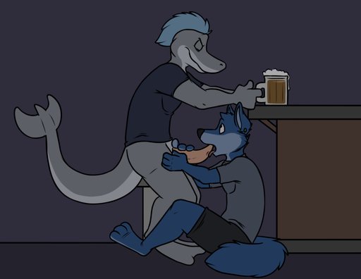 3_toes 4_fingers alcohol ambiguous_gender anthro anthro_on_anthro bar bar_stool beer beer_mug beverage black_bottomwear black_clothing black_nose black_topwear blue_body blue_countershading blue_fur blue_hair blue_tail bottomless bottomwear canid canine canis cetacean cheek_tuft clothed clothing counter countershade_face countershade_tail countershade_torso countershading delphinoid duo ear_piercing erection eyebrows eyes_closed facial_tuft feet fingers flat_colors fully_clothed fur furniture genitals grey_background grey_body grey_clothing grey_countershading grey_skin grey_tail grey_topwear hair hand_on_leg head_tuft holding_object inside interspecies licking looking_at_another looking_at_partner looking_up male maleambiguous mammal marine multicolored_body multicolored_fur on_ground oral penile penis penis_grab penis_lick piercing pink_penis public robbie_(rotten_robbie) rotten_robbie sex shirt short_hair shorts side_view simple_background sitting stool t-shirt tapering_penis toes tongue tongue_out toothed_whale topwear tuft two_tone_body two_tone_fur two_tone_tail under_table wolf zoop // 1325x1024 // 218.1KB