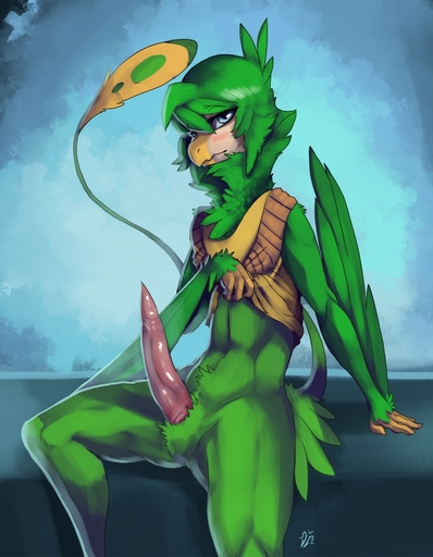 2015 anthro avian beak big_penis biped blue_eyes blush bottomless clothed clothing clothing_lift erection feathered_wings feathers genitals green_body green_feathers hi_res looking_at_viewer male navel nevrean penis quzue shaded shirt shirt_lift sitting solo tapering_penis topwear winged_arms wings zerolativity // 996x1280 // 184.1KB