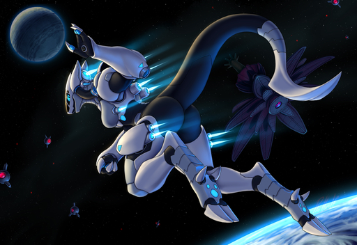 absurd_res aircraft airplane anthro blue_eyes butt claws cybernetics drone earth female hi_res jet jet_propulsion machine mega_man_legends megaman_x moon open_mouth paws planet rollwulf satellite solo space spacecraft star synth_(vader-san) vehicle white_armor // 6546x4500 // 4.5MB