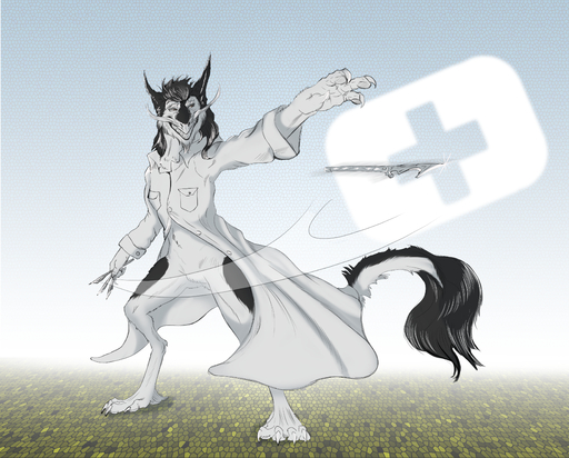 absurd_res anthro cloth doctor fur hi_res male sergal simple_background solo weapon zafara_(artist) // 3687x2970 // 6.5MB