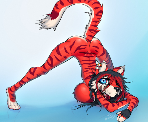 4_toes anthro big_breasts black_hair blue_eyes breast_tuft breasts butt cheek_tuft cherry_(macmegagerc) clothing curvy_figure ear_piercing eyelashes facial_tuft fangs feet felid female fur gloves hair handwear hi_res jack-o'_pose long_hair long_tail looking_at_viewer macmegagerc mammal nude pantherine piercing pose red_body red_fur red_hair red_stripes simple_background slim solo stripes tiger tiptoes toes tuft white_body white_fur // 2000x1643 // 3.4MB