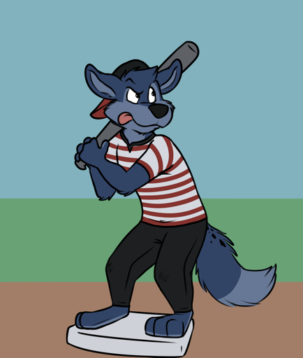 3_toes 4_fingers anthro arm_tuft backwards_baseball_cap backwards_hat barefoot baseball_(sport) baseball_base baseball_bat baseball_cap baseball_uniform bat_(object) biped black_bottomwear black_clothing black_spots blue_body blue_fur blue_sky blue_tail bobbie_(rotten_robbie) bottomwear canid canine canis cheek_tuft clothed clothing countershade_face countershade_torso countershading cub dipstick_tail elbow_tufts eyebrows facial_tuft feet fingers flat_colors front_view fully_clothed fur grass grey_body grey_countershading grey_fur grey_tail hat head_tuft headgear headwear holding_object male mammal markings multicolored_body multicolored_fur multicolored_tail pants pattern_clothing pattern_topwear plant raised_eyebrow rotten_robbie shirt sky solo sport sportswear spots spotted_markings spotted_tail standing striped_clothing striped_topwear stripes t-shirt tail_markings toes tongue tongue_out topwear tuft two_tone_body two_tone_fur two_tone_tail uniform white_clothing white_topwear wolf young // 832x981 // 173.3KB