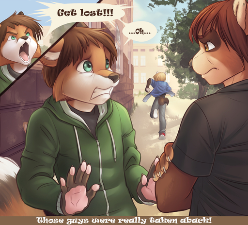 angry anthro black_nose brown_hair canid canine claws clothing dialogue digital_media_(artwork) domestic_ferret english_text eye_contact fox green_eyes group gulonine hair hi_res iskra looking_at_another male mammal marcel_the_ferret marten mustela mustelid musteline shaded text true_musteline yellow_eyes // 2100x1900 // 1.5MB