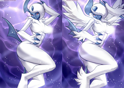 2016 absol alanscampos anthro anthrofied blue_claws blue_horn breasts butt censored chest_tuft claws duo feathered_wings feathers female fur hair half-closed_eyes horn light light_censorship long_hair mega_absol mega_evolution narrowed_eyes navel neck_tuft nude pokemon_(species) pokemorph pose raised_tail red_eyes tuft video_games white_body white_fur white_hair wings // 1096x776 // 463.4KB