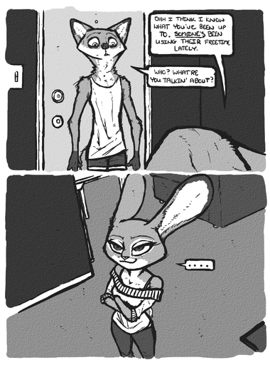 anthro canid canine comic disney english_text female fox hi_res judy_hopps lagomorph leporid luraiokun mammal monochrome nick_wilde rabbit smile text zootopia // 950x1280 // 1017KB