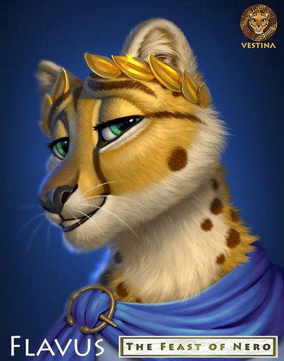 anthro brooch cheetah felid feline flavus_(vestina) fluffy fluffy_ears fur gold_(metal) gold_jewelry green_eyes hi_res jewelry looking_at_viewer male mammal neck_tuft roman_empire simple_background smile smiling_at_viewer solo spots spotted_body spotted_fur text tuft vestina watermark whiskers yellow_body yellow_fur // 1100x1397 // 691.7KB