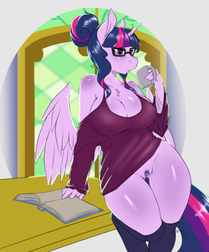 2015 anthro anthrofied avante92 big_breasts book bottomless breasts chest_tuft cleavage clothed clothing container cup equid equine eyewear feathered_wings feathers female fur genitals glasses hair hi_res holding_object horn horse inside legwear long_hair mammal purple_body purple_feathers pussy solo tuft twilight_sparkle_(mlp) winged_unicorn wings // 1327x1597 // 1.0MB
