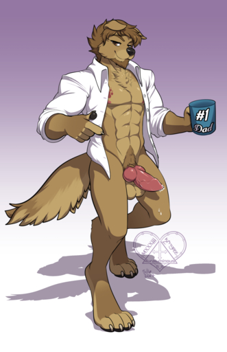 2017 4_toes 5_fingers abs animal_genitalia animal_penis anthro balls barefoot beard biped black_nose bodily_fluids bottomless brown_body brown_eyes brown_fur brown_hair canid canine canine_penis canis cel_shading claws clothed clothing coffee_mug cup digitigrade domestic_dog dress_shirt erection facial_hair feet fingerless_(marking) fingers fur genital_fluids genitals gradient_background hair hi_res holding_cup holding_object kittydee knot looking_at_viewer male mammal muscular muscular_anthro muscular_male nipples open_clothing open_shirt open_topwear penis precum pubes rolled_up_sleeves shaded shirt short_hair simple_background smile solo standing toe_claws toes topwear vein watermark white_clothing white_topwear // 828x1280 // 384.7KB