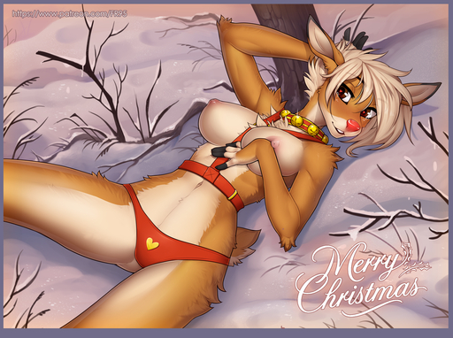 2018 <3 <3_eyes anthro bell bell_collar blue_border border breasts brown_eyes cervid chest_tuft clothed clothing collaboration collar crossgender digital_media_(artwork) f-r95 female front-print_panties harness heart_panties heart_underwear lying mammal nipples panties panties_only plant red_clothing red_nose red_panties red_underwear rudolph_the_red-nosed_reindeer shaded snow solo topless tree tuft underwear underwear_only // 1280x955 // 1.2MB