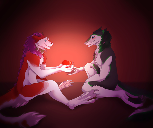 <3 anthro azaly blush braided_hair collar digital_media_(artwork) duo fur green_body green_fur hair happy hi_res long_hair long_tail male malemale nude omez purple_hair red_background sergal simple_background sitting smile text thorsten_anzomi white_body white_fur // 2240x1875 // 1.3MB