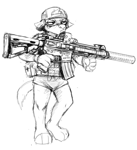 anthro barefoot biped black_and_white bottomwear canid canine canis clothing english_text eyewear feet frown goggles gun hat headgear headwear hi_res hladilnik male mammal military monochrome ranged_weapon rifle short shorts solo spiritcookie text weapon wolf // 1167x1280 // 714.2KB