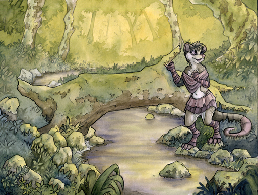 2016 anthro bottomwear clothed clothing creek crossdressing detailed_background didelphid forest girly male mammal marsupial midriff nature navel outside plant ruaidri skirt solo tree virginia_opossum // 1261x952 // 2.3MB