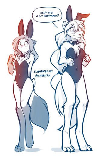 2018 anthro barefoot blush bow_tie breast_size_difference breasts bunny_costume canid canine canis chest_tuft cleavage clothed clothing conditional_dnp confusion costume dialogue digitigrade duo embarrassed english_text fake_ears fake_rabbit_ears feet female fox gloves_(marking) hi_res keidran laura_(twokinds) leg_markings mammal markings monochrome navel raine_silverlock simple_background sketch skimpy small_breasts socks_(marking) text tom_fischbach tuft twokinds webcomic webcomic_character white_background wolf // 1064x1600 // 633.4KB