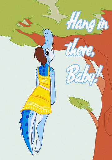 2015 anthro barefoot biped bite blue_body blue_scales blue_sky bottomwear brown_eyes brown_hair clothed clothing crocodile crocodilian crocodylid dangling day digital_media_(artwork) dress english_text feet female fivel flat_colors full-length_portrait hair hang_in_there hi_res in_tree looking_away looking_down multicolored_body multicolored_scales outside plant portrait poster rear_view reptile scales scalie scampi sharp_teeth short_hair sky snout solo spikes teeth text topwear tree yellow_bottomwear yellow_clothing yellow_topwear // 901x1280 // 2.2MB