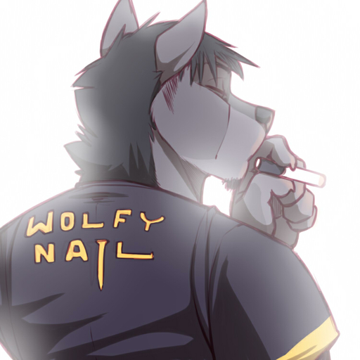 1:1 2011 anthro black_hair black_nose canid canine canis cigarette clothed clothing digital_media_(artwork) english_text eyes_closed fur grey_body grey_fur hair jacket male mammal nails simple_background smoking solo text topwear white_background wolf wolfy-nail wolfy-nail_(character) // 750x750 // 89.6KB