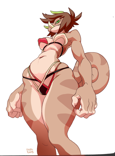2015 5_fingers alternate_version_at_source anthro bikini biped breasts brown_body brown_hair brown_scales brown_tail chameleon chimereon clair_(seel_kaiser) clothed clothing curled_tail female fingers green_eyes green_horn green_sclera hair horn jackson's_chameleon lizard looking_at_viewer low-angle_view navel nipple_outline non-mammal_breasts portrait reptile scales scalie seel_kaiser short_hair simple_background skimpy smile solo standing swimwear tan_body tan_scales three-quarter_portrait tusks white_background // 777x1056 // 298.6KB