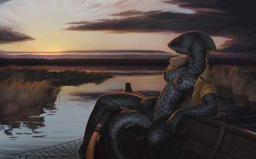 2015 anthro big_nipples black_nipples boat breasts clothing cloud detailed_background digital_media_(artwork) female fish fishnet fishnet_suit grass jacket lake leaning leaning_back marine mostly_nude nipples non-mammal_breasts outside plant resting shark solo sunset topwear vehicle water watercraft zaggatar // 1280x795 // 1010.9KB