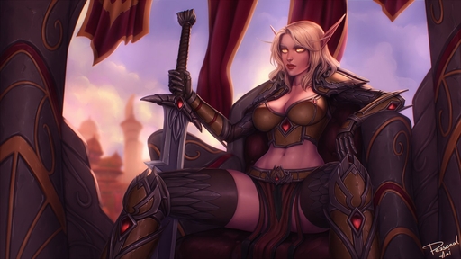 abs areola armor banner blonde_hair blood_elf breasts chair clothed clothing cloud digital_media_(artwork) elf female furniture hair hi_res humanoid humanoid_pointy_ears inside legwear melee_weapon navel nipples not_furry personalami shaded sitting solo spread_legs spreading sword thigh_highs throne video_games weapon yellow_eyes // 1600x899 // 170.4KB