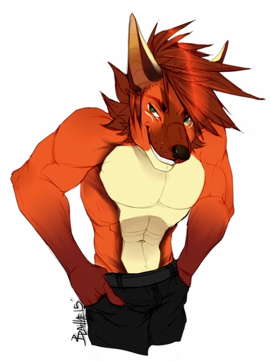 2015 abs anthro biceps black_nose brown_hair canid canine clothed clothing fur green_eyes hair half-closed_eyes hands_in_pockets hi_res male mammal muscular muscular_anthro muscular_male narrowed_eyes navel pecs pockets portrait simple_background smile solo teeth three-quarter_portrait topless vexstacy white_background // 961x1280 // 140.4KB