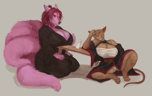 anthro big_breasts bottle breasts canid canine cleavage clothed clothing conditional_dnp curvy_figure digital_media_(artwork) domestic_cat duo felid feline felis female fox fur furniture hair huge_breasts larger_female mammal multi_tail oouna panties revealing_(disambiguation) simple_background sitting size_difference slightly_chubby smaller_female smile spread_legs spreading table thick_thighs underwear voluptuous wide_hips // 1280x811 // 99.8KB
