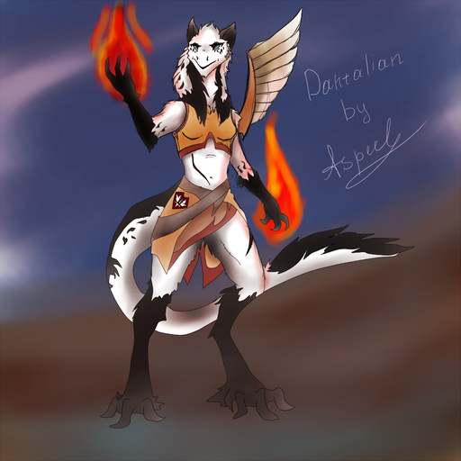 1:1 anthro aspeel biped clothed clothing dantalian_letrou feathered_wings feathers female fire front_view magic mammal sergal signature simple_background solo standing wings // 1000x1000 // 624.8KB