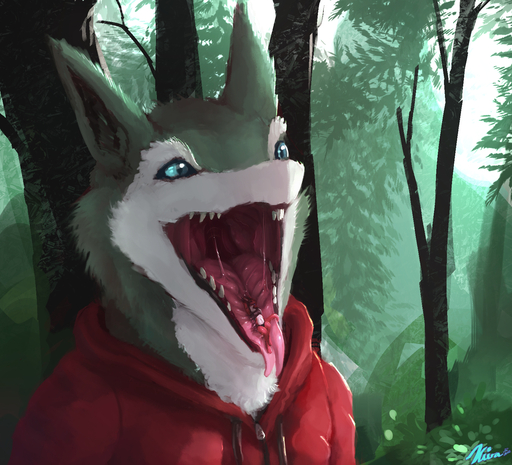 2018 anthro blue_eyes bodily_fluids bra clothing female female_prey forest forked_tongue fur hi_res hoodie kiva~ lizard lying male male_pred micro outside panties plant reptile saliva scalie sergal teeth tongue tongue_out topwear tree underwear vore // 1596x1451 // 2.0MB