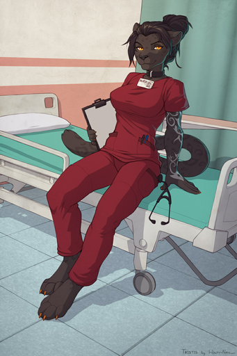 2014 amber_eyes anthro barefoot bed biped black_body black_fur breasts clipboard clothed clothing collar curtains detailed_background digital_media_(artwork) feet felid female fur furniture hi_res hospital hospital_bed id looking_at_viewer mammal medical_instrument nurse on_bed pantherine scientific_instrument seductive sitting smile solo stethoscope tristis wolfy-nail yellow_eyes // 799x1200 // 356.0KB
