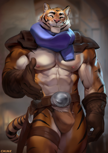 2020 abs anthro armor biceps black_stripes bottomwear bulge chunie clothed clothing detailed_background digital_media_(artwork) eyes_closed felid fur gloves guild_master_(chunie) handwear hi_res loincloth looking_at_viewer male mammal melee_weapon mostly_nude muscular muscular_anthro muscular_male nipples orange_body orange_fur pantherine sheathed_weapon skimpy smile solo stripes sword tiger weapon white_body white_fur // 903x1280 // 403.0KB