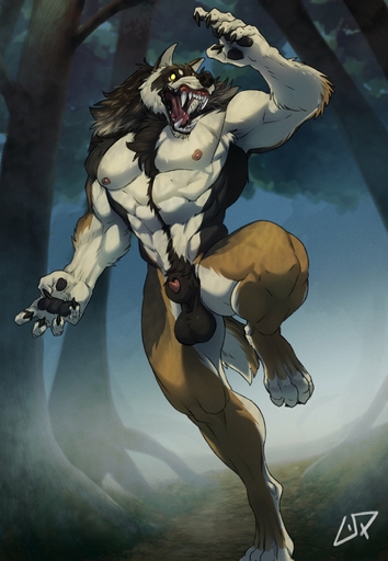 abs absurd_res action_pose animal_genitalia animal_penis anthro balls black_pawpads body_hair brown_body brown_fur canid canine canine_penis claws digitigrade fangs fog forest fur genitals happy_trail hi_res male mammal muscular muscular_anthro muscular_male neck_tuft night nude on_one_leg open_mouth pawpads penis phinnherz plant pose sharp_teeth sheath solo standing tan_body tan_fur teeth tree tuft were werecanid werecanine werewolf white_body white_fur yellow_eyes // 1800x2600 // 513.2KB