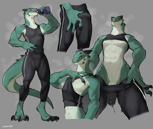 2022 anthro bebebebebe biped bodily_fluids bulge claws clothing digital_media_(artwork) digitigrade erection finger_claws green_body grey_background hi_res male reptile scalie simple_background solo sweat tight_clothing toe_claws white_body // 1909x1615 // 533KB