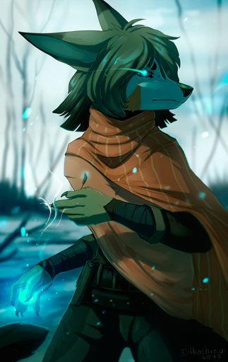 2015 5_fingers anthro biped black_nose breasts brown_hair canid canine clothed clothing digital_media_(artwork) female fingers fur glowing hair hioshiru long_ears magic magic_user mammal snow solo standing tan_body tan_fur // 631x1000 // 616KB