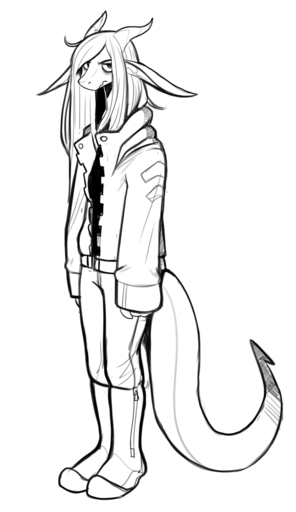 2019 ambiguous_gender anthro biped boots bottomwear clothed clothing digital_media_(artwork) dipstick_tail dragon footwear full-length_portrait fully_clothed grimace hair hi_res horn jacket long_ears long_hair long_tail looking_at_viewer monochrome multicolored_tail pants portrait reptile scalie simple_background solo standing thick_tail topwear white_background zkelle // 694x1200 // 273.2KB