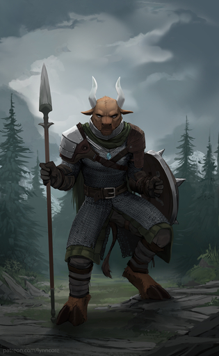 2020 5_fingers anthro armor belt biped bottomwear bovid bovine brown_body brown_fur cape cattle chainmail clothed clothing day detailed_background digital_media_(artwork) digitigrade english_text fingers forest fully_clothed fur gloves handwear hi_res holding_object holding_weapon hooves horn jewelry looking_at_viewer lynncore male mammal melee_weapon necklace outside plant polearm serious shield shoulder_guards sky solo spear standing tail_tuft tan_body tan_fur text topwear tree tuft url weapon white_horn // 739x1200 // 820.5KB