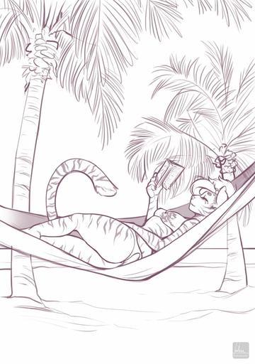 2019 5_fingers anthro barefoot biped book breasts day detailed_background digital_media_(artwork) dune esther_(egyptianbeauty) feet felid female fingers fur furlana hair hammock hi_res holding_book holding_object line_art mammal outside palm_tree pantherine plant sketch solo striped_body striped_fur stripes tiger tree // 871x1239 // 137.8KB