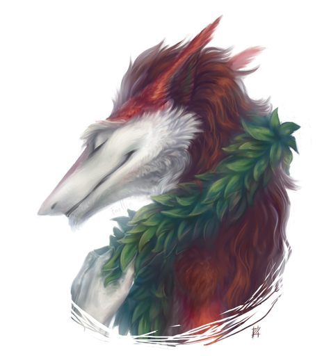 ambiguous_gender bust_portrait eyes_closed faellin fur leaf portrait red_body red_fur sergal simple_background smile solo white_background // 723x800 // 237KB