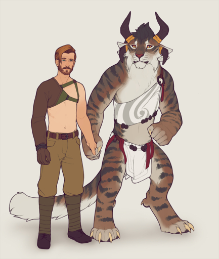 2018 4_ears 4_toes 5_fingers anthro beard biped blue_eyes boots bottomwear charr claws clothed clothing digital_media_(artwork) digitigrade duo facial_hair fangs feet felid female fingers flat_chested fluffy fluffy_tail footwear fur guild_wars hair hand_holding hi_res horn human larger_female loincloth male mammal mane multi_ear pants plantigrade prosthetic simple_background size_difference smaller_male snowskau standing striped_body striped_fur stripes tan_body tan_fur toe_claws toes underwear video_games white_body white_fur yellow_eyes // 1268x1500 // 1.1MB