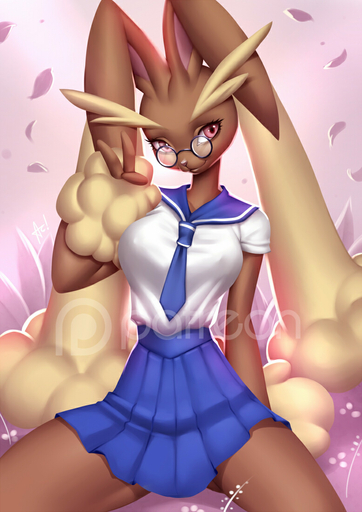 alanscampos anthro anthrofied big_breasts big_ears biped bottomwear breasts brown_body brown_fur clothed clothing english_text eyewear female fingers fur glasses kneeling lagomorph looking_at_viewer lopunny mammal nipple_outline patreon_logo pokemon_(species) pokemorph pose red_eyes school_uniform skirt smile solo student text uniform video_games watermark // 777x1100 // 354.5KB