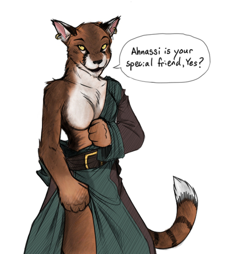 ahnassi anthro belt bethesda_softworks black_nose blush breasts brown_body brown_fur chest_tuft clothed clothing conditional_dnp dialogue ear_piercing english_text featureless_breasts felid female fur khajiit looking_at_viewer mammal medium_breasts morrowind naturally_censored one_breast_out partially_clothed piercing ringtail robe simple_background smile smirk solo striped_body striped_fur stripes suggestive text the_elder_scrolls tom_fischbach tuft undressing video_games white_background white_body white_fur yellow_eyes // 635x704 // 320.7KB