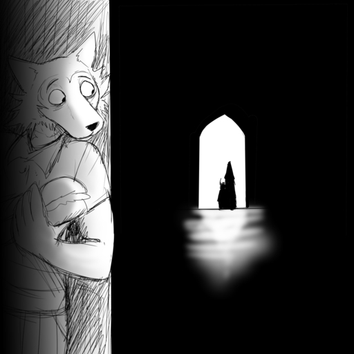 1:1 anthro beastars black_background canid canine canis comic food hi_res hiding hladilnik holding_food holding_object legoshi_(beastars) light looking_back male mammal monochrome silhouette simple_background sketch wolf // 1280x1280 // 314.2KB