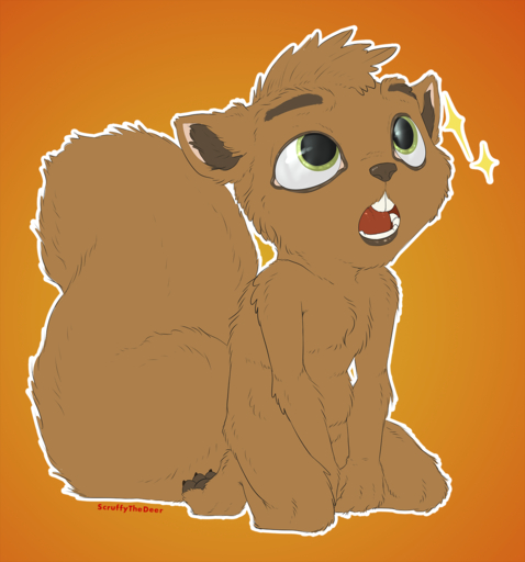 anthro balros_(echoen) brown_body brown_fur chibi fluffy fluffy_tail fur green_eyes hi_res male mammal orange_background outline rodent sciurid scruffythedeer simple_background solo sticker // 1268x1358 // 901.0KB