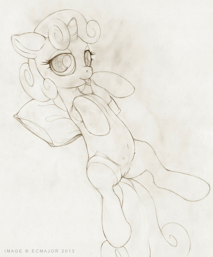 2013 brown_and_white cub ecmajor equid equine female feral friendship_is_magic genitals hasbro hi_res horn horse mammal monochrome my_little_pony pillow pussy signature solo sweetie_belle_(mlp) teats tongue unfinished unicorn young // 1134x1370 // 298.0KB