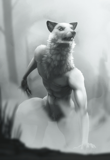 2021 5_fingers canid claws crotch_tuft detailed_background fangs finger_claws fingers fur greyscale hi_res inner_ear_fluff ipoke light lighting male mammal monochrome nipples nude open_mouth plant shaded solo teeth tree tuft were werecanid whiskers // 880x1280 // 756.8KB